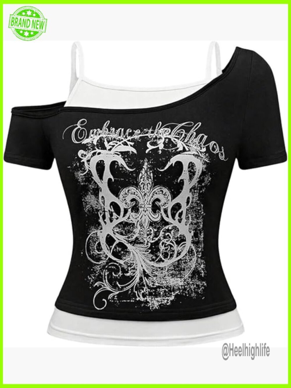 Y2K Goth Graphic Cold Shoulder Short Sleeve T-Shirt Color Block Summer Tops